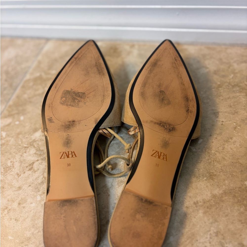 Zara Tan Pointed Toe Flats with Ankle Wrap - Picture 9 of 9